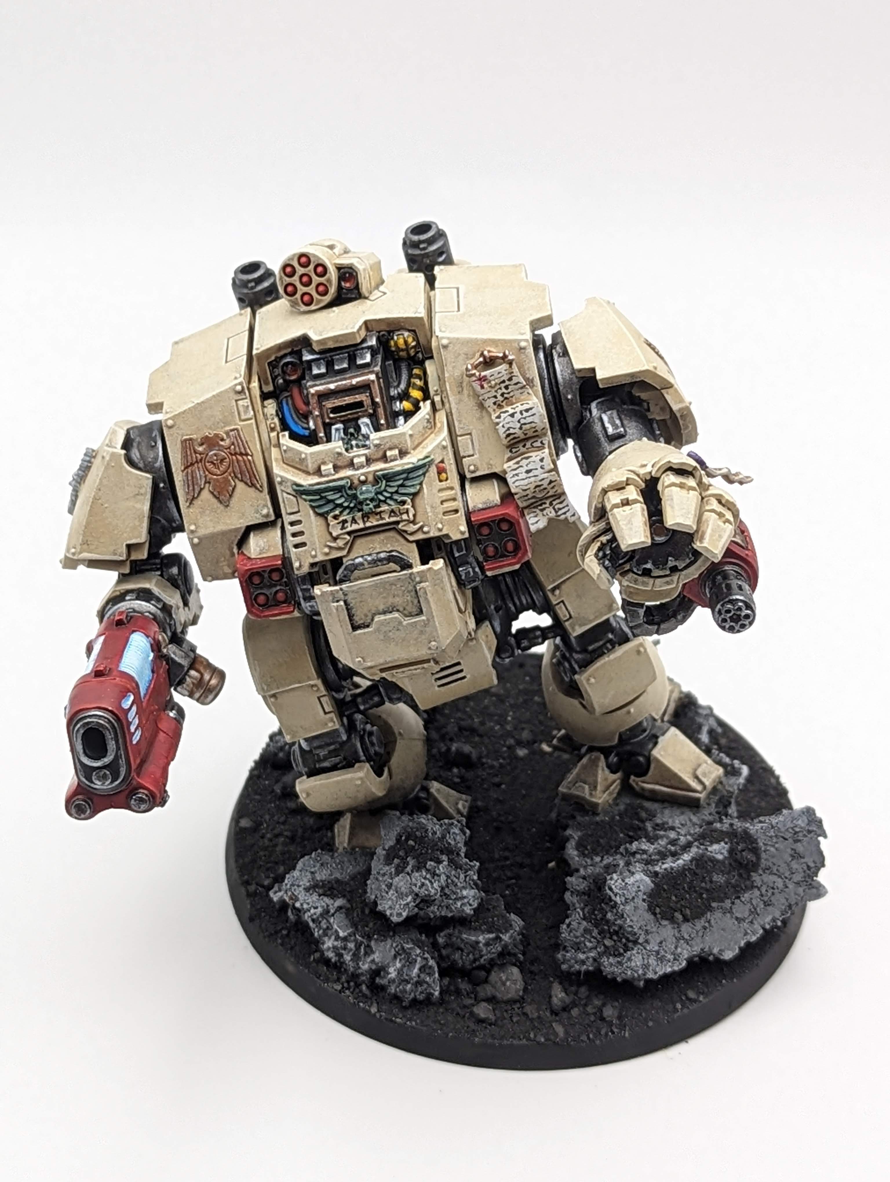 Deathwing Redemptor Dreadnought face on, closed sarcophagus enclosure, alternative weapons