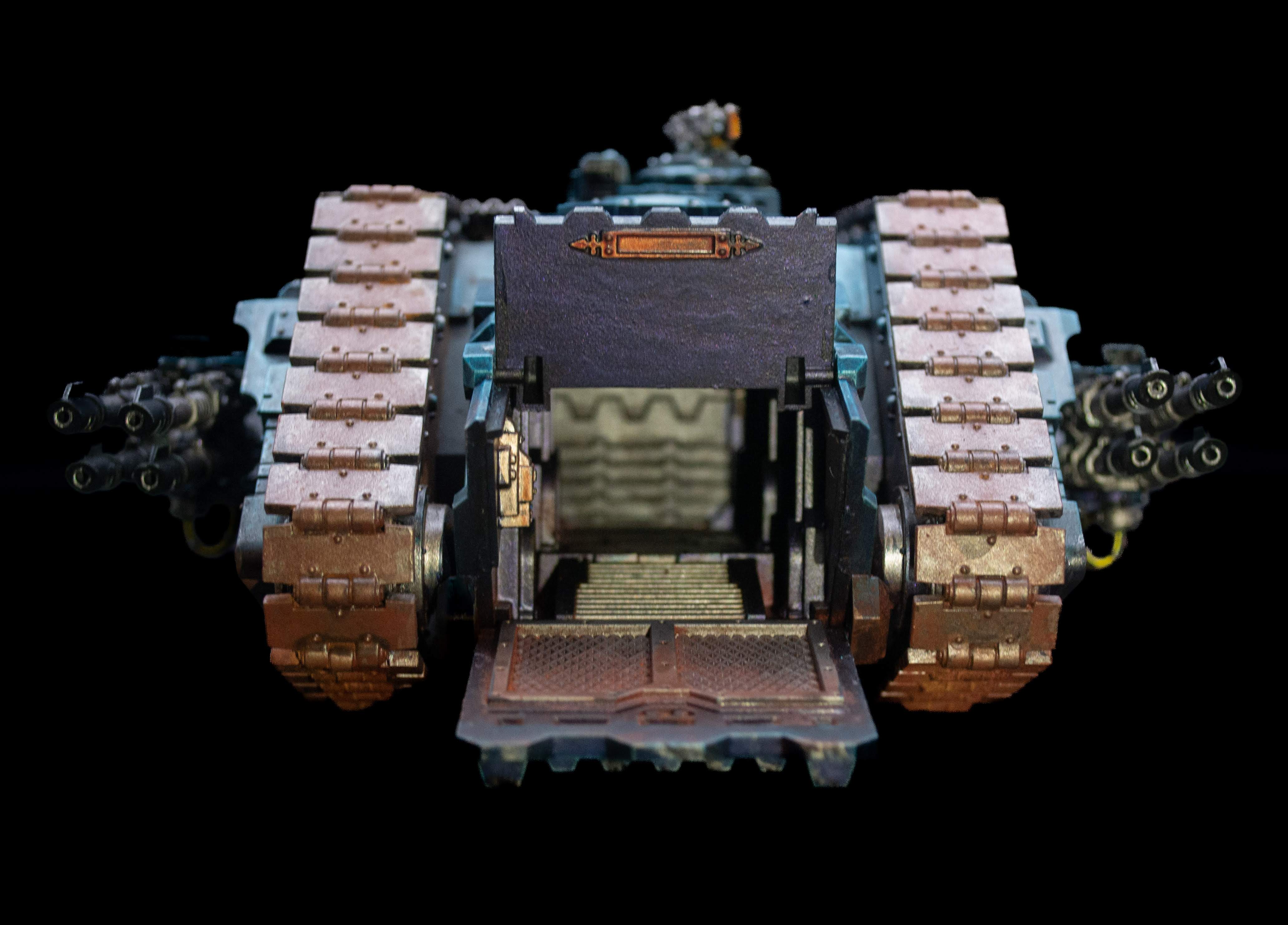 Alpha Legion Land Raider Spartan view from the front, ramp open